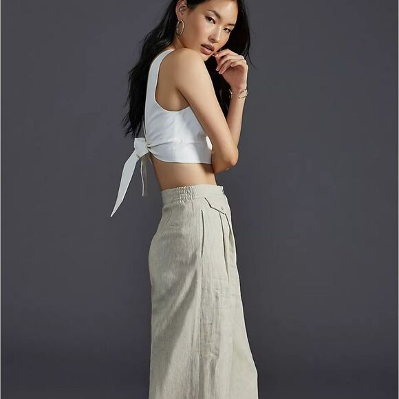 Anthropologie Sovere Instance High Waist Wide Leg Oatmeal Pleated Linen Pants L - Picture 5 of 14